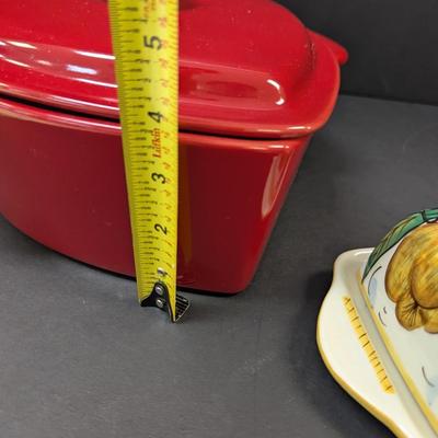 Bella Casa By Ganz Valerio Ceramic Covered Butter Dish & Chantel Red Heart Casserole Dish 2 1/2 Quarts