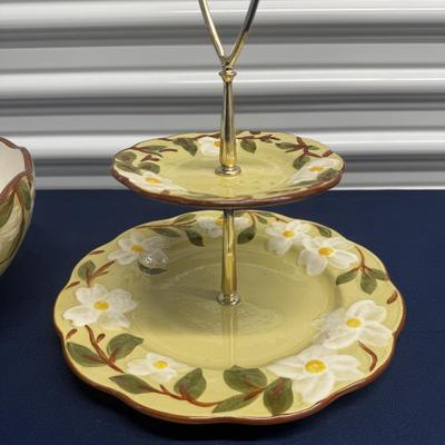 Sandland Primitives White Dogwood Tiered Stand & Bowl – Hand Painted Stoneware