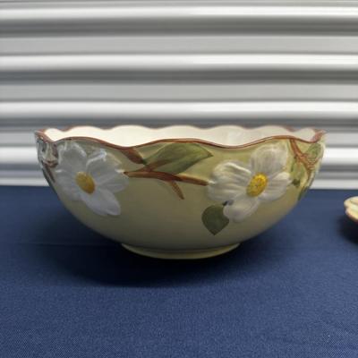 Sandland Primitives White Dogwood Tiered Stand & Bowl – Hand Painted Stoneware