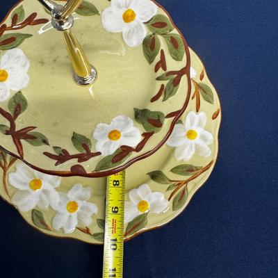 Sandland Primitives White Dogwood Tiered Stand & Bowl – Hand Painted Stoneware