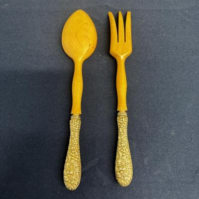 Vintage Sterling Silver Handled Wooden Salad Servers – Floral Repoussé – Pair