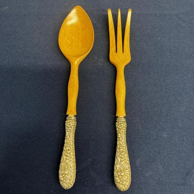Vintage Sterling Silver Handled Wooden Salad Servers – Floral Repoussé – Pair