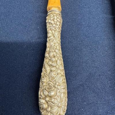 Vintage Sterling Silver Handled Wooden Salad Servers – Floral Repoussé – Pair