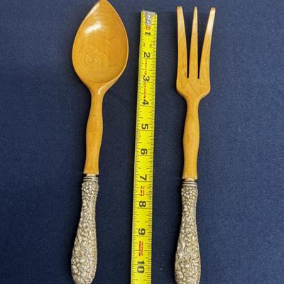 Vintage Sterling Silver Handled Wooden Salad Servers – Floral Repoussé – Pair