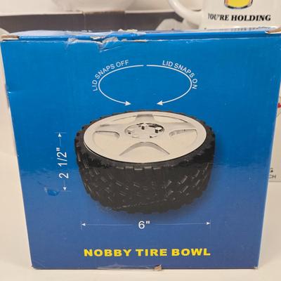 LOT 35: Wrenchware Knobby Tread Rubberized Tire Bowl, Spencer Gifts' 1996 Christmas Expo in Reno Budweiser Mug, Gamer Bowl &...