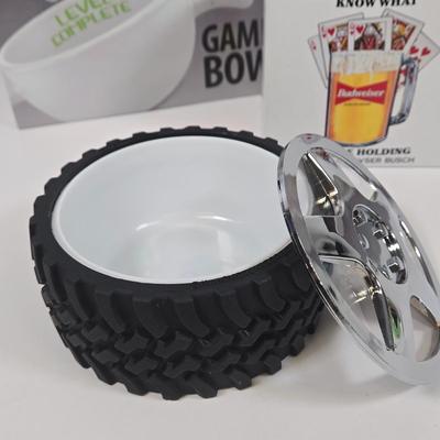 LOT 35: Wrenchware Knobby Tread Rubberized Tire Bowl, Spencer Gifts' 1996 Christmas Expo in Reno Budweiser Mug, Gamer Bowl &...