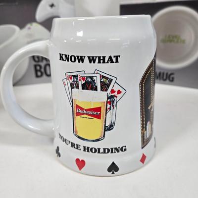 LOT 35: Wrenchware Knobby Tread Rubberized Tire Bowl, Spencer Gifts' 1996 Christmas Expo in Reno Budweiser Mug, Gamer Bowl &...