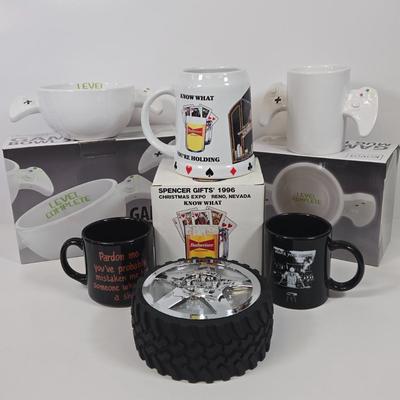 LOT 35: Wrenchware Knobby Tread Rubberized Tire Bowl, Spencer Gifts' 1996 Christmas Expo in Reno Budweiser Mug, Gamer Bowl &...