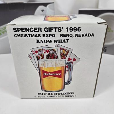 LOT 35: Wrenchware Knobby Tread Rubberized Tire Bowl, Spencer Gifts' 1996 Christmas Expo in Reno Budweiser Mug, Gamer Bowl &...