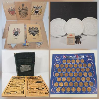 LOT 37: Multiple Family Crests, 3 Fenton Bicentennial Commemorative Plates, Miniature Liberty Bell, Pictorial History of the Great Civil...