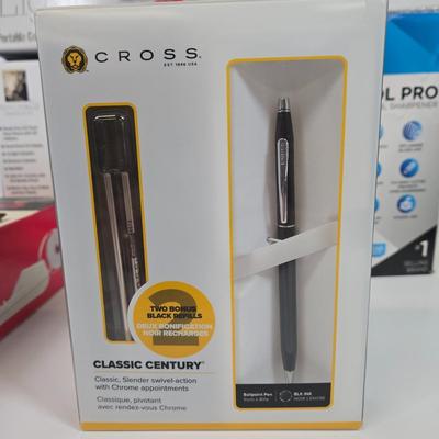 LOT 40: Home Office Lot Including Mechanical Postal Scale, Cross Classic Century Black Lacquer Ballpoint Pen, X-ACTO School Pro Electric...