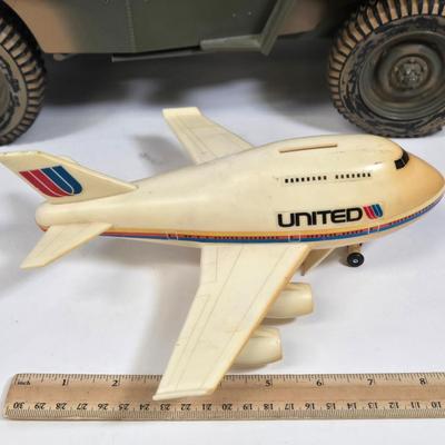 LOT 81: G.I. Joe 1941 Willys MB Jeep Toy, United Airlines Plane Toy, Wooden Model Car, Auburn Rubber Company Toy Tractor, and Plastic Horse