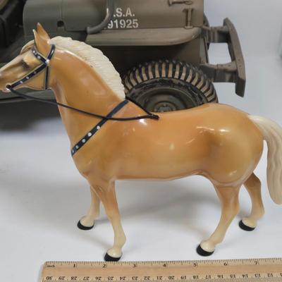 LOT 81: G.I. Joe 1941 Willys MB Jeep Toy, United Airlines Plane Toy, Wooden Model Car, Auburn Rubber Company Toy Tractor, and Plastic Horse