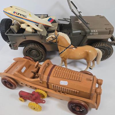 LOT 81: G.I. Joe 1941 Willys MB Jeep Toy, United Airlines Plane Toy, Wooden Model Car, Auburn Rubber Company Toy Tractor, and Plastic Horse