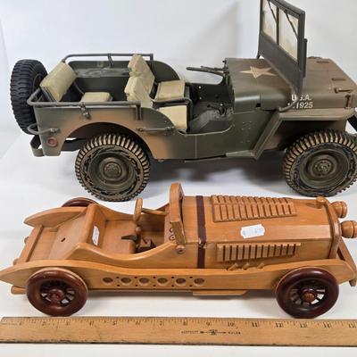 LOT 81: G.I. Joe 1941 Willys MB Jeep Toy, United Airlines Plane Toy, Wooden Model Car, Auburn Rubber Company Toy Tractor, and Plastic Horse