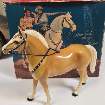 LOT 81: G.I. Joe 1941 Willys MB Jeep Toy, United Airlines Plane Toy, Wooden Model Car, Auburn Rubber Company Toy Tractor, and Plastic Horse