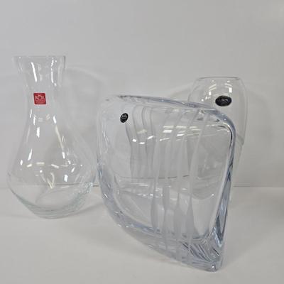 LOT 87: Rosenthal Crystal Pillow Vase Cut Vertical Waves, RCR Toscana Wine Carafe Italian Tuscan Crystal, and Lenox Windswept Clear Cut...