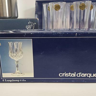 LOT 88: Cristal d'Arques Longchamp Lead Crystal Champagne Flutes & Wine Glasses and Marquis by Waterford Vintage Bar Accessories...