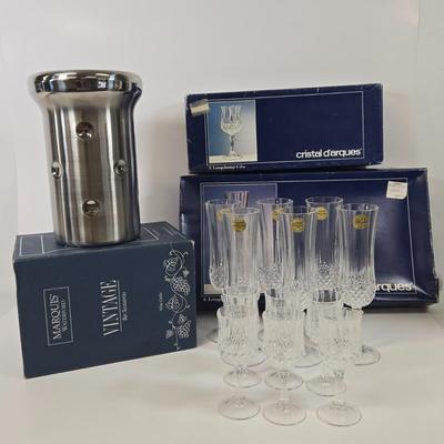 LOT 88: Cristal d'Arques Longchamp Lead Crystal Champagne Flutes & Wine Glasses and Marquis by Waterford Vintage Bar Accessories...