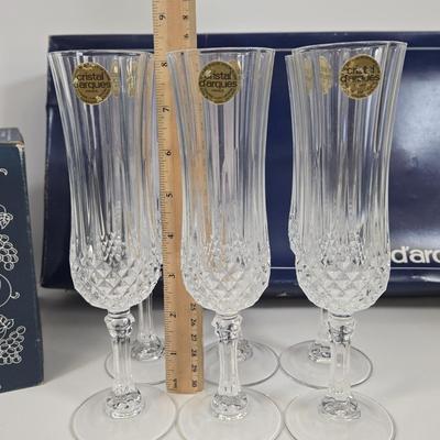 LOT 88: Cristal d'Arques Longchamp Lead Crystal Champagne Flutes & Wine Glasses and Marquis by Waterford Vintage Bar Accessories...
