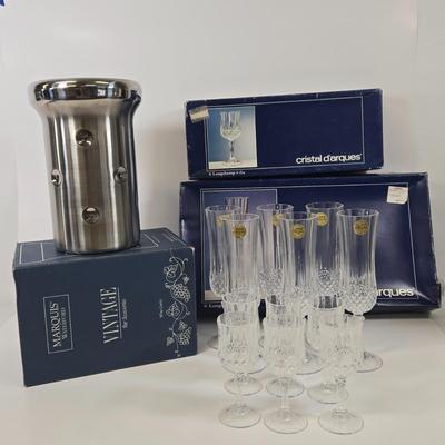 LOT 88: Cristal d'Arques Longchamp Lead Crystal Champagne Flutes & Wine Glasses and Marquis by Waterford Vintage Bar Accessories...