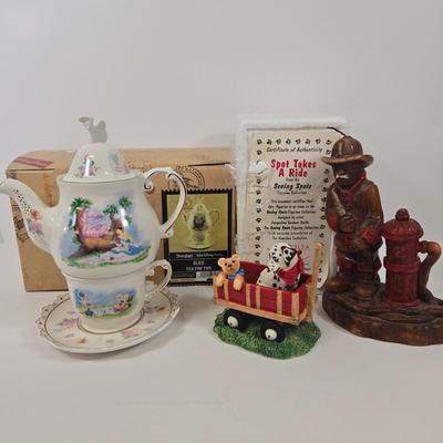 LOT 89: Vintage Fireman Candle, 1996 The Hamilton Collection Spot Takes A Ride, and Disney Parks Alice In Wonderland Tea For One Teapot...