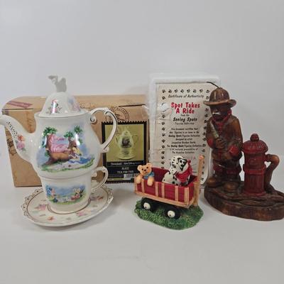 LOT 89: Vintage Fireman Candle, 1996 The Hamilton Collection Spot Takes A Ride, and Disney Parks Alice In Wonderland Tea For One Teapot...