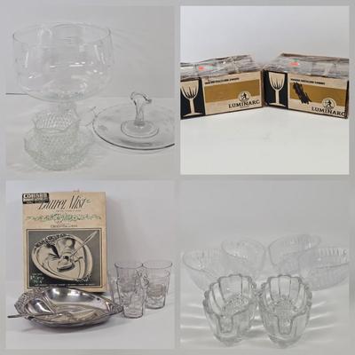 LOT 91: Glass Trifle Bowl, Handled Dessert Plate, Two Boxes of Luminarc Cordial Glasses, Silverplate Deep Silver Heart Shaped Nut Candy...