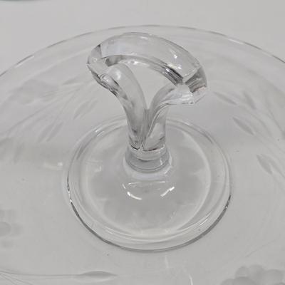 LOT 91: Glass Trifle Bowl, Handled Dessert Plate, Two Boxes of Luminarc Cordial Glasses, Silverplate Deep Silver Heart Shaped Nut Candy...