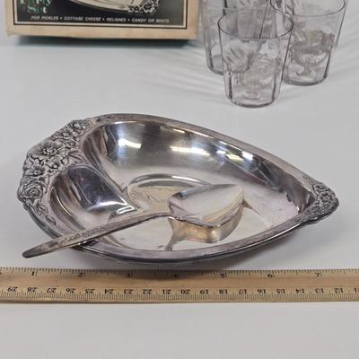 LOT 91: Glass Trifle Bowl, Handled Dessert Plate, Two Boxes of Luminarc Cordial Glasses, Silverplate Deep Silver Heart Shaped Nut Candy...