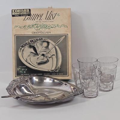 LOT 91: Glass Trifle Bowl, Handled Dessert Plate, Two Boxes of Luminarc Cordial Glasses, Silverplate Deep Silver Heart Shaped Nut Candy...