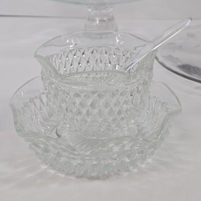 LOT 91: Glass Trifle Bowl, Handled Dessert Plate, Two Boxes of Luminarc Cordial Glasses, Silverplate Deep Silver Heart Shaped Nut Candy...