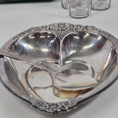 LOT 91: Glass Trifle Bowl, Handled Dessert Plate, Two Boxes of Luminarc Cordial Glasses, Silverplate Deep Silver Heart Shaped Nut Candy...