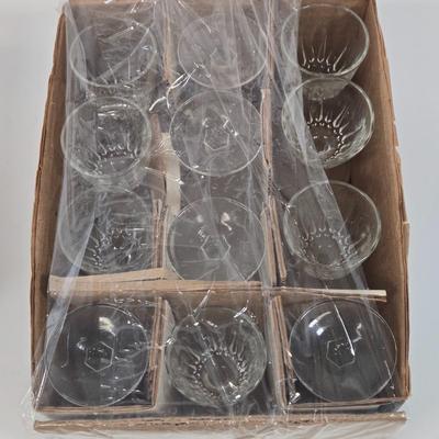 LOT 91: Glass Trifle Bowl, Handled Dessert Plate, Two Boxes of Luminarc Cordial Glasses, Silverplate Deep Silver Heart Shaped Nut Candy...