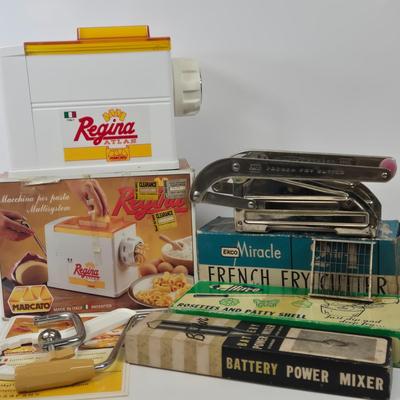LOT 94: Regina Atlas Marcato Pasta Maker, Ekco Miracle 2-in-1 French Fry Cutter, Vintage 1975*Hirco Rosette And Patty Shell, and Vintage...