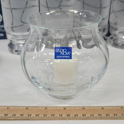 LOT 96: Two Sets of Dansk Candle Holders in Original Boxes, Dansk Northwoods Bowl in Original Box,Studio Nova Saratoga Hurricane Votive...