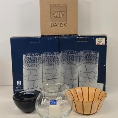 LOT 96: Two Sets of Dansk Candle Holders in Original Boxes, Dansk Northwoods Bowl in Original Box,Studio Nova Saratoga Hurricane Votive...