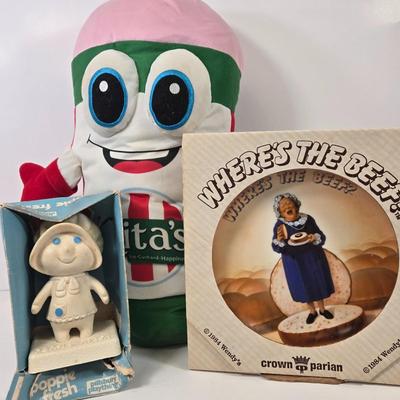 LOT 99: Rita's Mascot Plush Toy, Pillsbury Playthings Poppie Fresh Figure in Original Box, and 1984 Wendy’s Collectors Plate