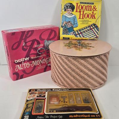 LOT 100: Vintage 1972 Picam Button Fastener, Woven Pink Sewing Box with Wood Lid, Brother Mademoiselle Auto-Monogram Kit, and Hand...