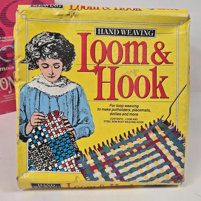 LOT 100: Vintage 1972 Picam Button Fastener, Woven Pink Sewing Box with Wood Lid, Brother Mademoiselle Auto-Monogram Kit, and Hand...