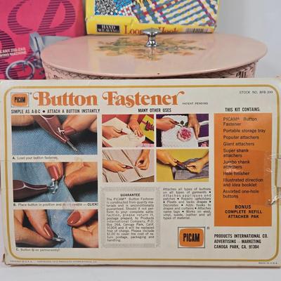 LOT 100: Vintage 1972 Picam Button Fastener, Woven Pink Sewing Box with Wood Lid, Brother Mademoiselle Auto-Monogram Kit, and Hand...