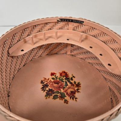 LOT 100: Vintage 1972 Picam Button Fastener, Woven Pink Sewing Box with Wood Lid, Brother Mademoiselle Auto-Monogram Kit, and Hand...