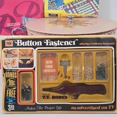 LOT 100: Vintage 1972 Picam Button Fastener, Woven Pink Sewing Box with Wood Lid, Brother Mademoiselle Auto-Monogram Kit, and Hand...
