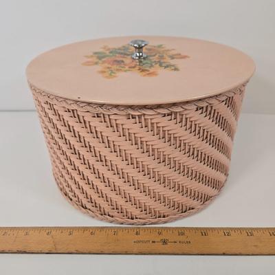 LOT 100: Vintage 1972 Picam Button Fastener, Woven Pink Sewing Box with Wood Lid, Brother Mademoiselle Auto-Monogram Kit, and Hand...