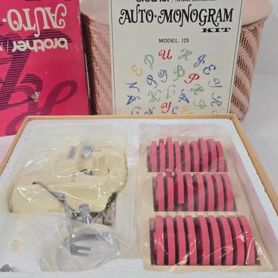 LOT 100: Vintage 1972 Picam Button Fastener, Woven Pink Sewing Box with Wood Lid, Brother Mademoiselle Auto-Monogram Kit, and Hand...