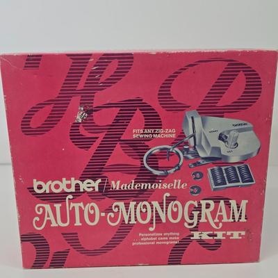 LOT 100: Vintage 1972 Picam Button Fastener, Woven Pink Sewing Box with Wood Lid, Brother Mademoiselle Auto-Monogram Kit, and Hand...