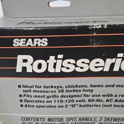 LOT 105: Go Fish Scrub Sponges, Gilmour 362 Professional Hose End Sprayer, Brookstone Motorized Grill Brush, Sears Rotisserie Kit,...