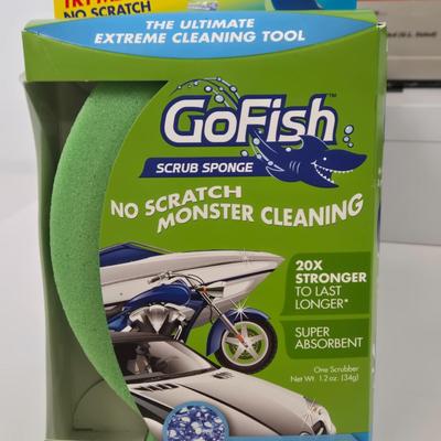 LOT 105: Go Fish Scrub Sponges, Gilmour 362 Professional Hose End Sprayer, Brookstone Motorized Grill Brush, Sears Rotisserie Kit,...