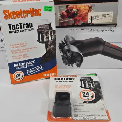 LOT 105: Go Fish Scrub Sponges, Gilmour 362 Professional Hose End Sprayer, Brookstone Motorized Grill Brush, Sears Rotisserie Kit,...