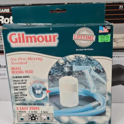 LOT 105: Go Fish Scrub Sponges, Gilmour 362 Professional Hose End Sprayer, Brookstone Motorized Grill Brush, Sears Rotisserie Kit,...